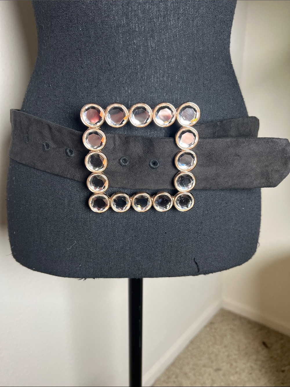 Women’s Black Suede-Like Belt Material with Oversized Square Rhinestone Buckle